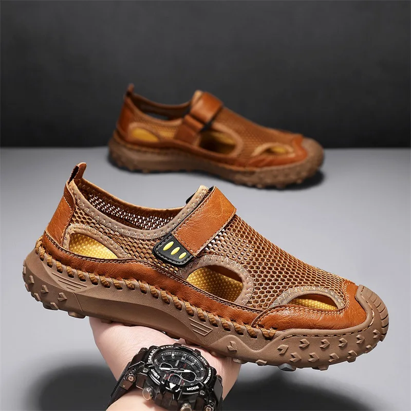 Large Size Outdoor Creek Walking Shoes Hollow Breathable Beach Mesh Sandals Cowhide Rubber Men's Shoes Men Sandals