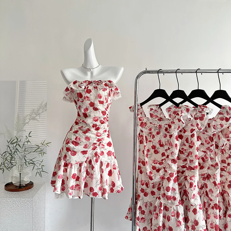 

Vacation Floral Dress Women Summer Sweet Floral Pattern A Line Mini Dress Korean Sexy Flying Sleeves Party Evening Vestidos New