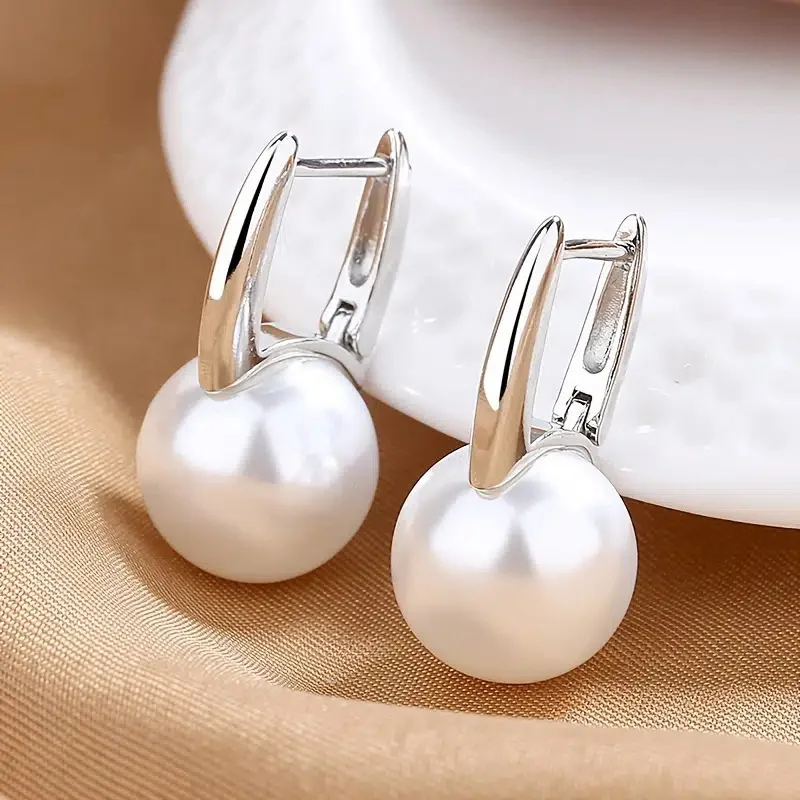 Vintage Female Earrings 925 Sterling Silver Round Pearl Small Earrings for Women Promise Love Wedding Jewelry Pendientes Bijoux