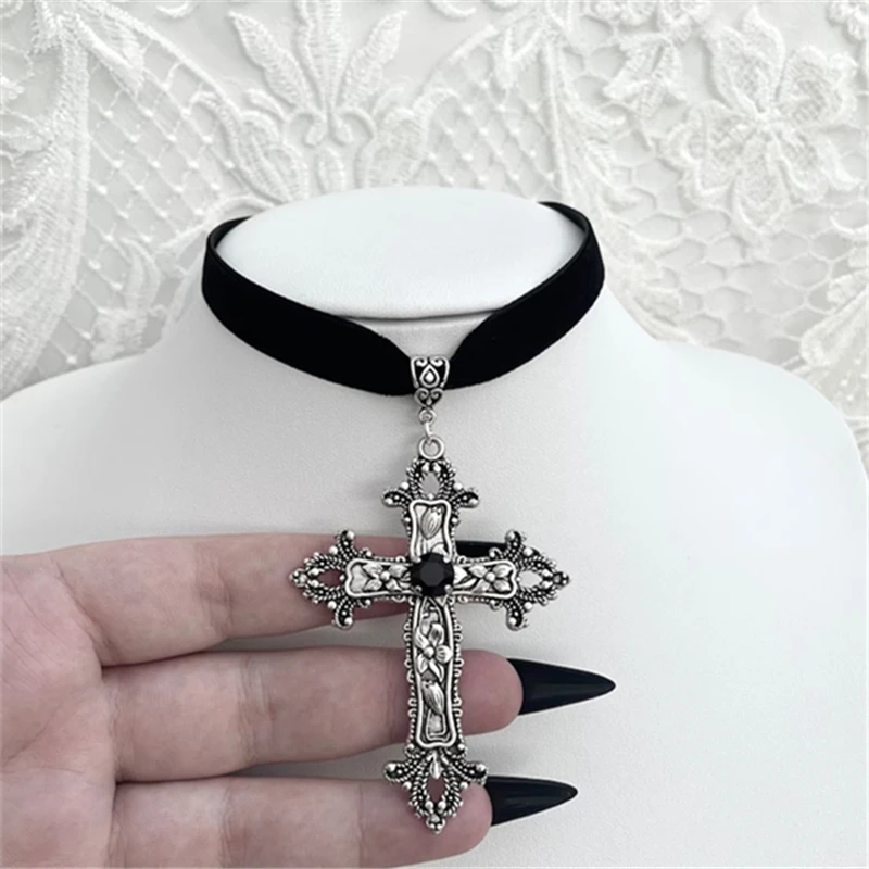 Gothic Limited Black Velvet cross Bead Choker Necklace Grunge Black Velvet Jewelry Gorgeous Women Punk Gift Statement Goth New