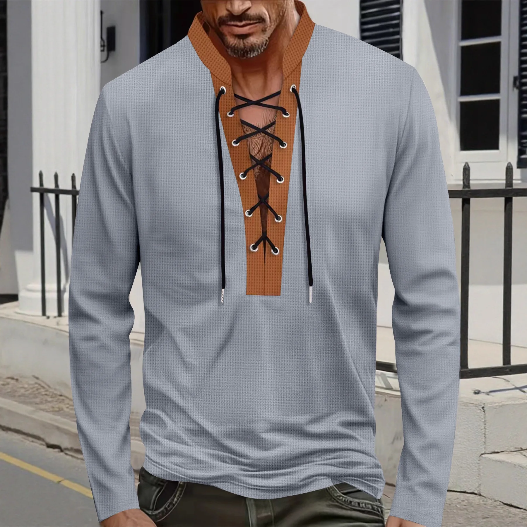 New Autumn Waffle Pullover Long-sleeved Color Matching Tether Stand-up Collar Trend T-shirt
