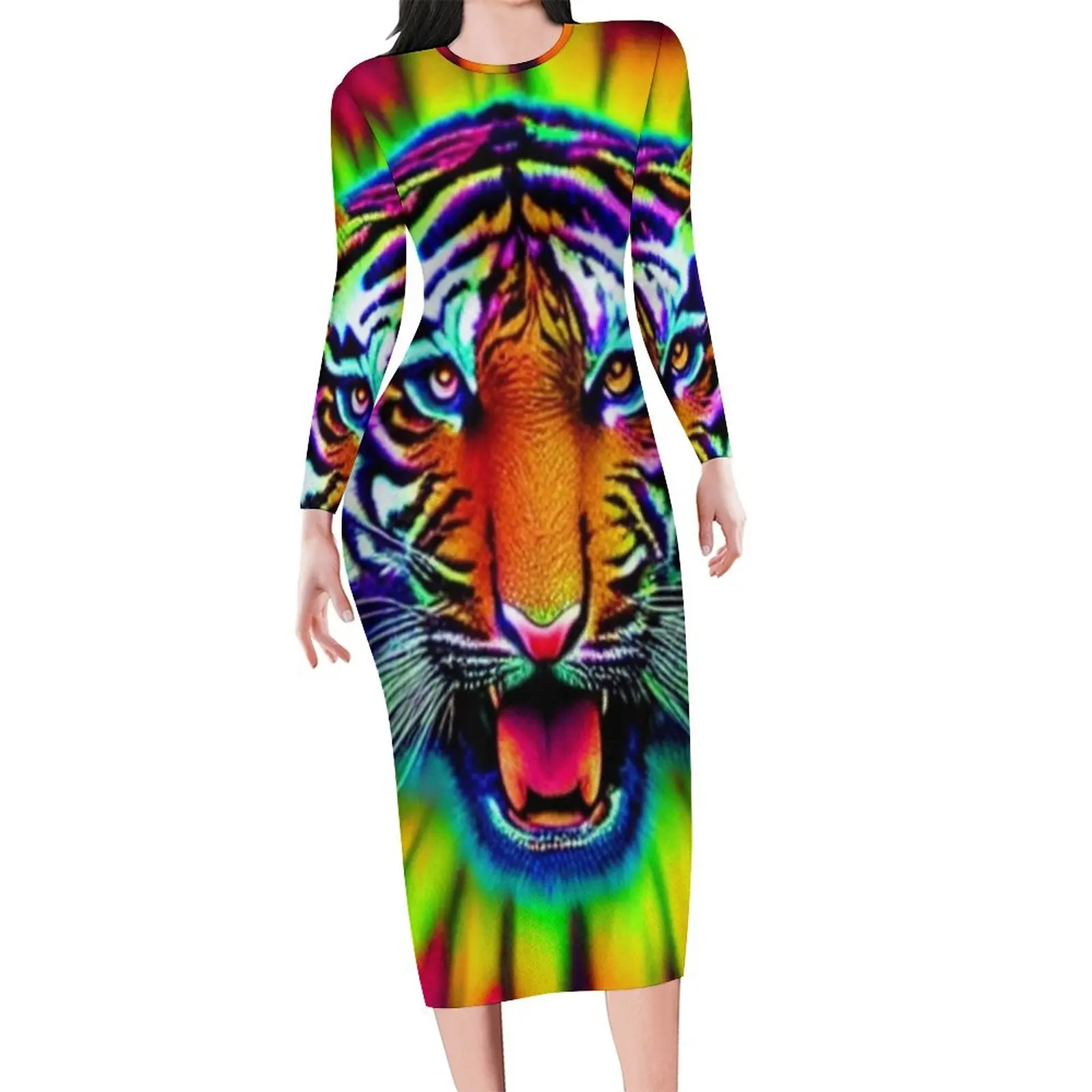 التعادل صبغ النمر فستان طويل الأكمام الملونة الحيوان خمر فساتين الصيف الإناث الشارع الشهير تصميم Bodycon فستان 3XL 4XL 5XL