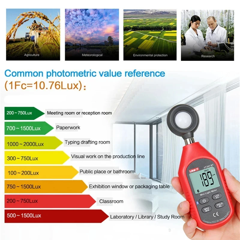 Imagem -04 - Medidor de Luz Digital Uni-t-mini Ut383 Ut383bt Luxometer Profissional 199900lux 18500fc Iluminômetro Fotômetro Lux Medidor