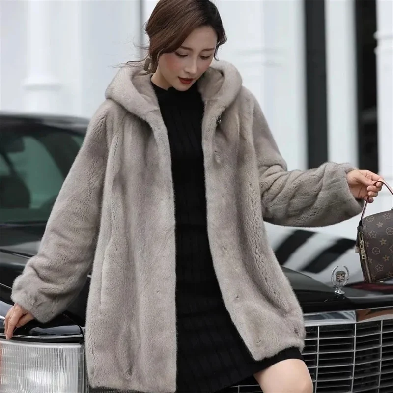 Middle Aged Mother Large Size 6XL Mink Fur Coat Winter Female Medium Long Styles Fur Jacket Lady Fashion Long Sleeves Plush Tops