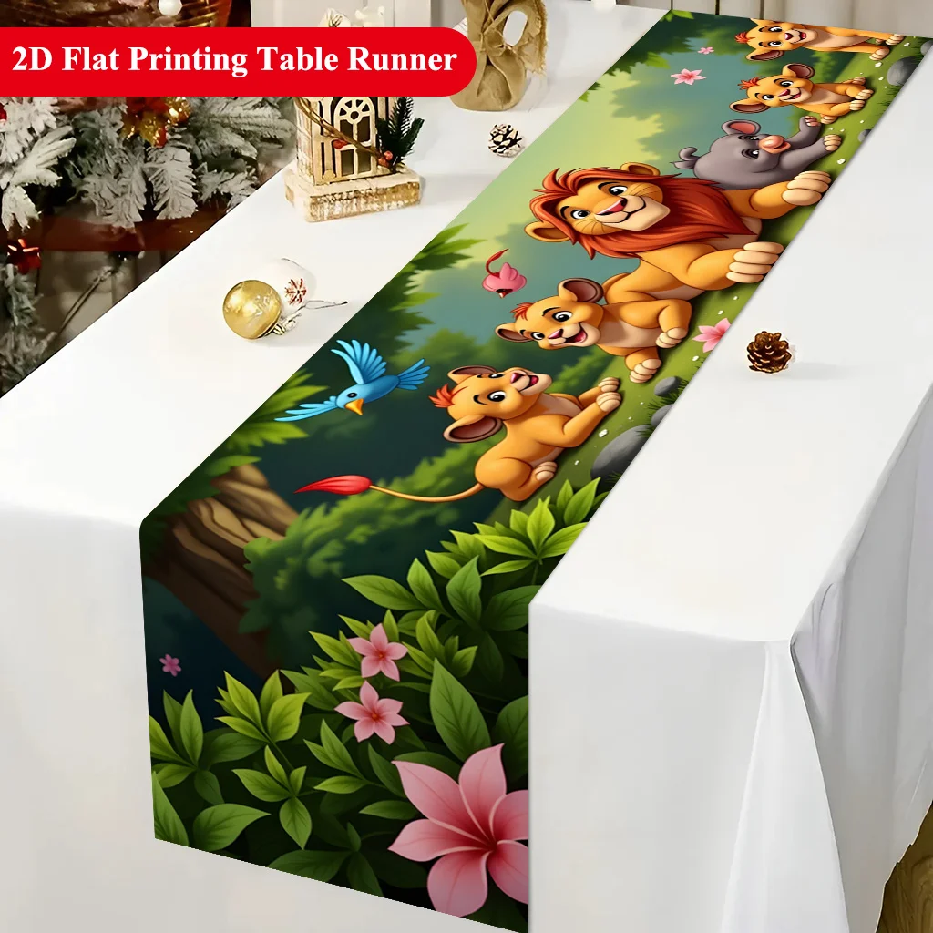 1 Piece of Cute Little Lions Lying on the Grass Table Runner, Suitable for Farmhouse, Indoor, Kitchen, Celebrations, Table Decoration, Restaurant, and Banquet Decoration Supplies