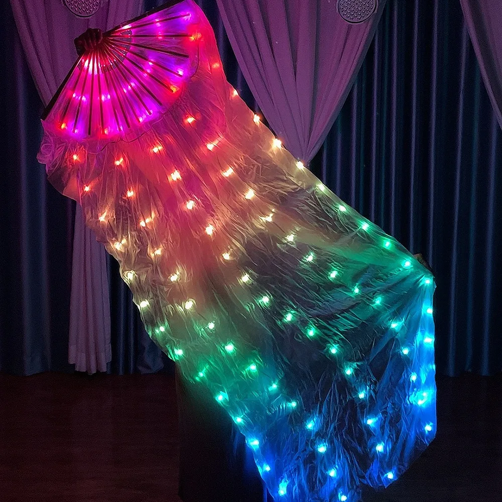 2023 Silk LED Rainbow Long Fans RGB Colorful Belly Dance Veil Performance Prop Bar Nightclub Cosplay Costume Shows Accessorie