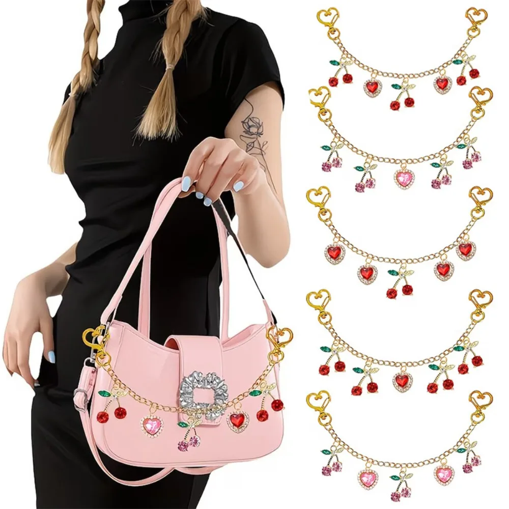 Portable Alloy Bag Charm Cherry Heart Shape Glass Stone Inlaid Handbag Dangle Bag Pendant Handbag Accessory