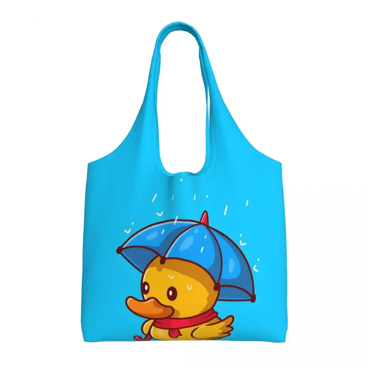 Custom Duck With Umbrella In The Rain Cartoon Groceries Shopping Bag Canvas Shopper Shoulder Tote Bags Capacity Portable Handbag