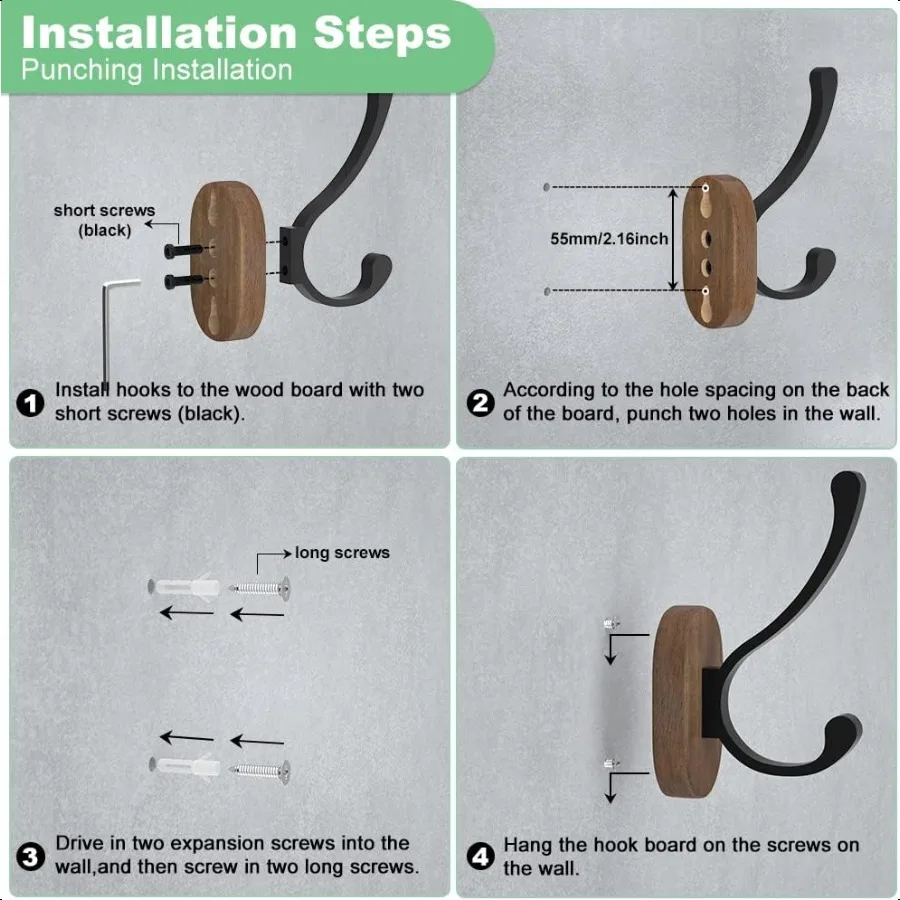 Wall Hooks for Hanging Coats 4 Pack Coat Hooks Wall Mounted Wood Coat Hooks for Wall Single Metal Hooks for Hanging Hats Keys T