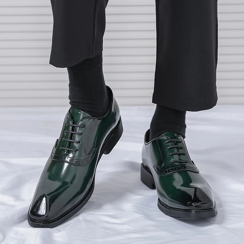 Glossy British Style Youth Fashion Business Casual Green Formal Leather Shoes Low Heel  Shoes Ultra-Soft Leather