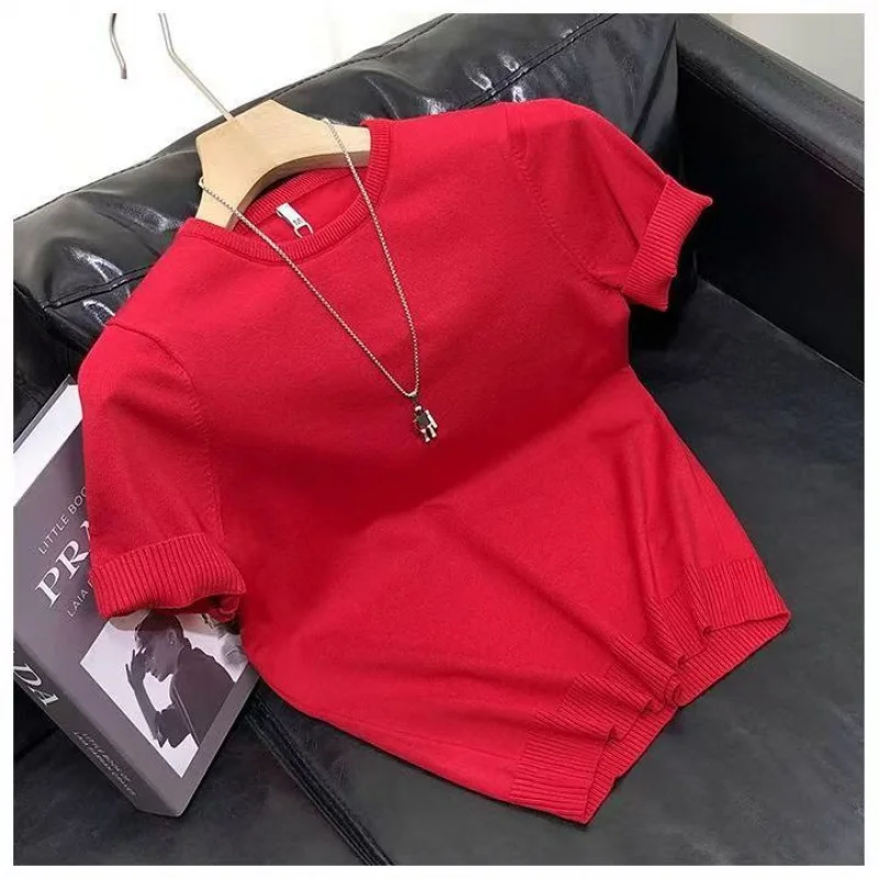 Men'S Solid Color Sweater Round Neck Couple Casual Versatile New Base Shirt Short Sleeve Knitwear