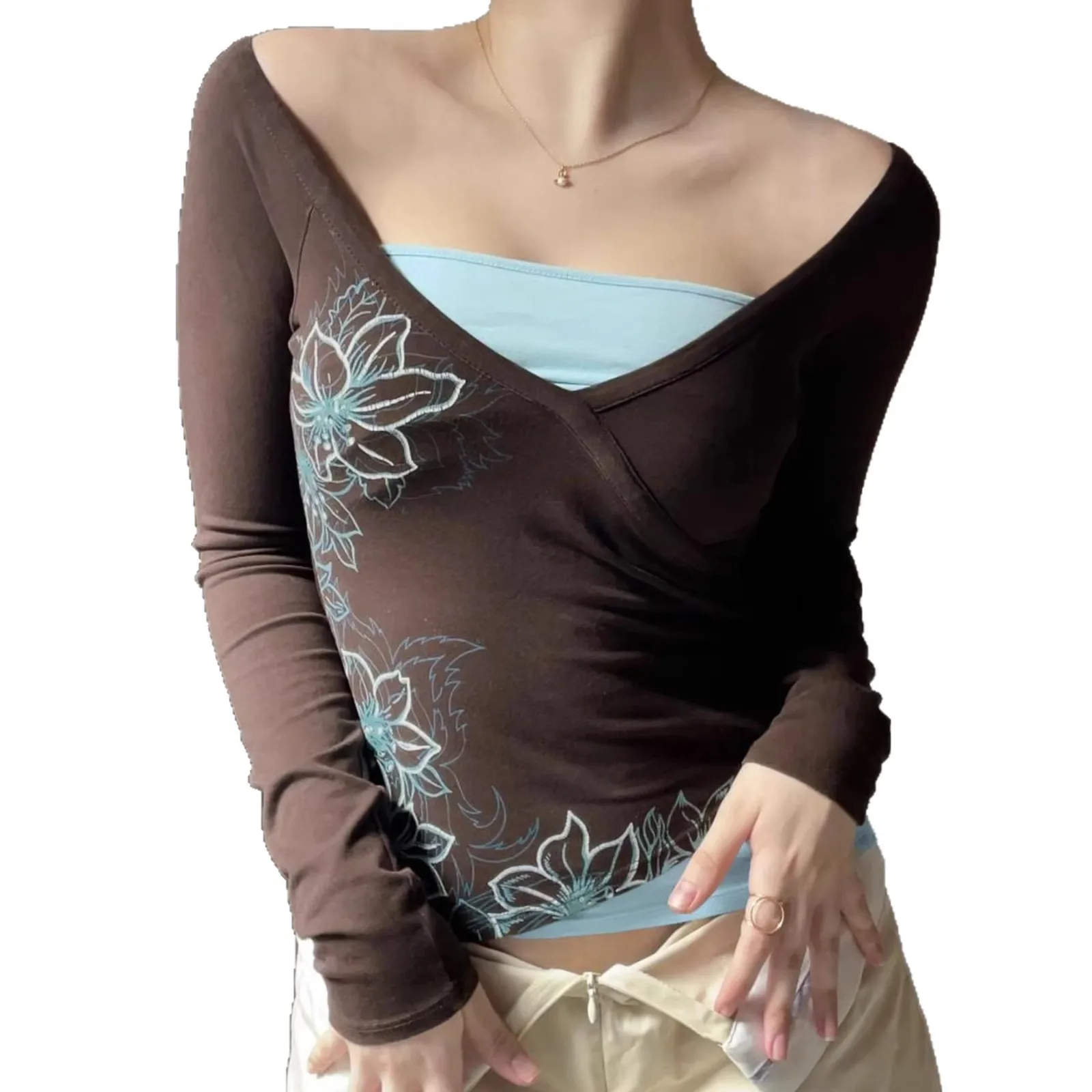 Retro American Printed Splice Slim Fit T-Shirt Women's 2025 Autumn Cross-Border INS Base Layer New Style Top Milk Fiber
