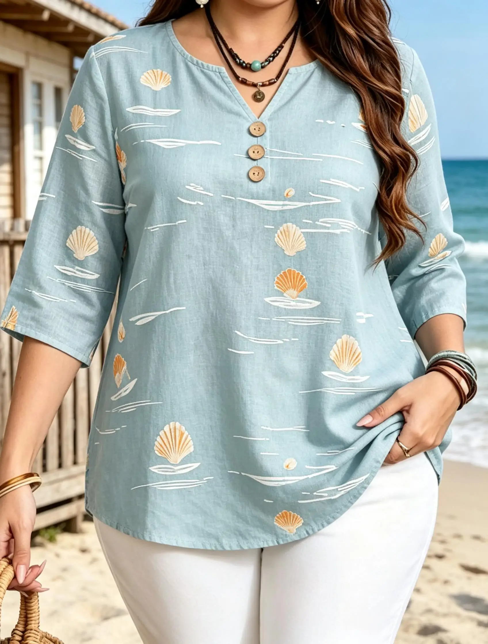 Coastal Nautical Print Blouses Notch Split V Neck 3 Decor Buttons 3/4 Sleeve Loose Plus Size Women Beach Casual Tops