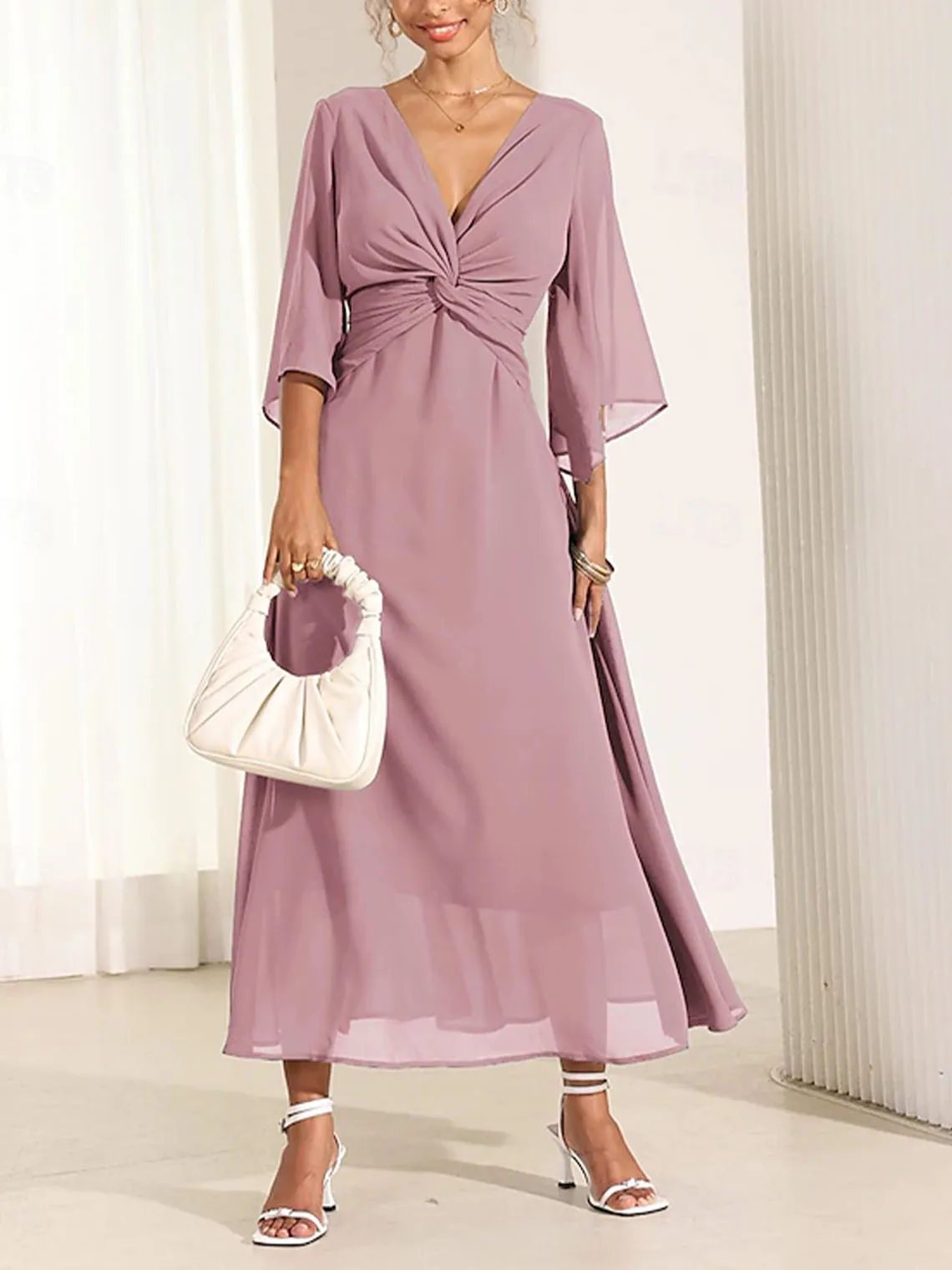 Gaun Malam Elegan Model A-line Bahan Chiffon Kerah V Lengan 3/4 Mengembang Ruffle Panjang Se-mata Kaki untuk Tamu Pernikahan/Pesta Prom 2025 Gratis Ukuran Sesuai Pesanan