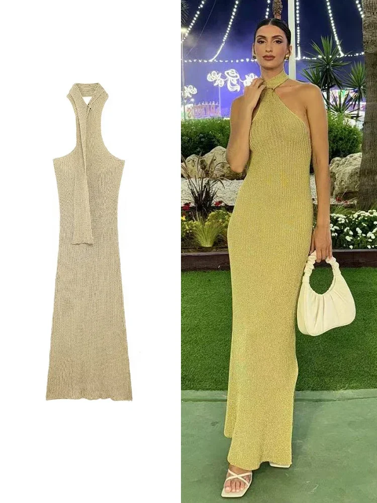 

Elegant Women Solid Knitted Halter Dress 2024 Fashion Female Backless Sleeveless Long Dresses Off Shoulder Chic Dress