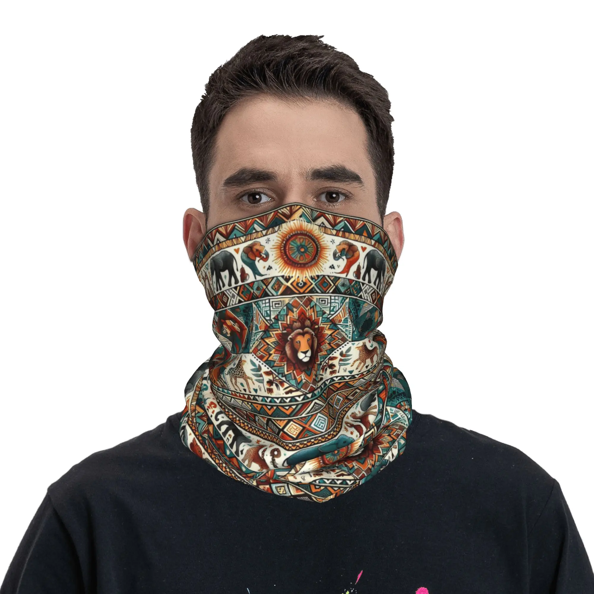 African Safari Animals Tribal Wildlife Bandana Neck Gaiter Printed Mask Scarf Warm Cycling Scarf Outdoor Sports For Men Women