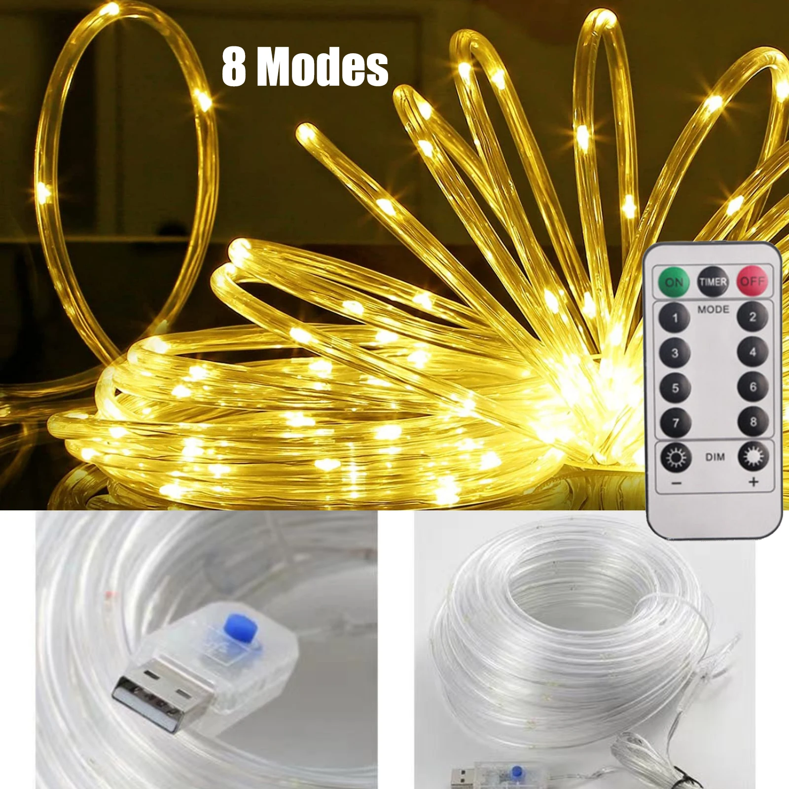 USB LED String Rope Lights Remote Control 50/100/200/300LEDs 8 Modes Waterproof String Lights for Garden Christmas Party Decor