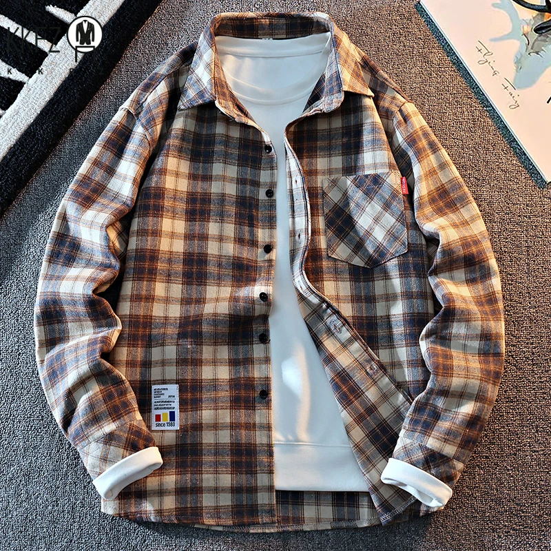 Classic Casual Plaid Overshirt Men Button Front Lapel Single Pocket Long Sleeve Basic Street Layered Fashion Top