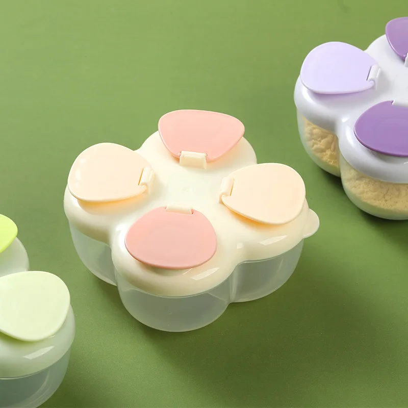 Portable Clover 4-Compartment Formula Canister, One-Touch Lid Airtight Leak-Proof, Infant Travel Milk Powder Dispenser