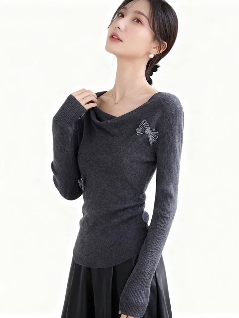 

3D Decoration One Shoulder Knitted Shirt Women's Autumn Winter New Style Swing Collar Base Shirt Inner Wear Top