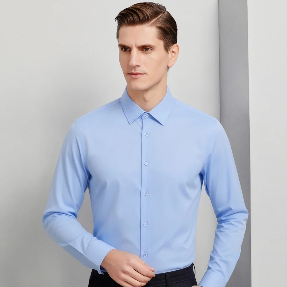 

Classic Solid Men's Four Seasons Regular Fit Long-sleeved Dress Shirt, Business Formal Style, Slight Stretch Comfortable Modal