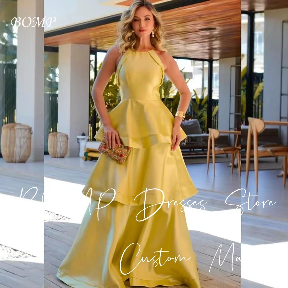 

BOMP Classic Yellow Evening Dress Halter Sleeveless Multi-layered Floor Length Satin Special Occasion Party Gown Customized