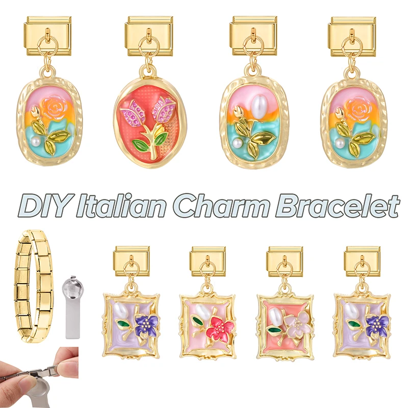 

Gold Color Painting Seal Tulip Flower Pearls Pendant Italian Charm Link Fit 9MM Stainless Steel Bracelet Girls' DIY Making Gifts