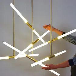 Modern Linear Branch Pendant Light 360 Degrees Rotatable Golden Round Acrylic Hanging For Dinning Living room