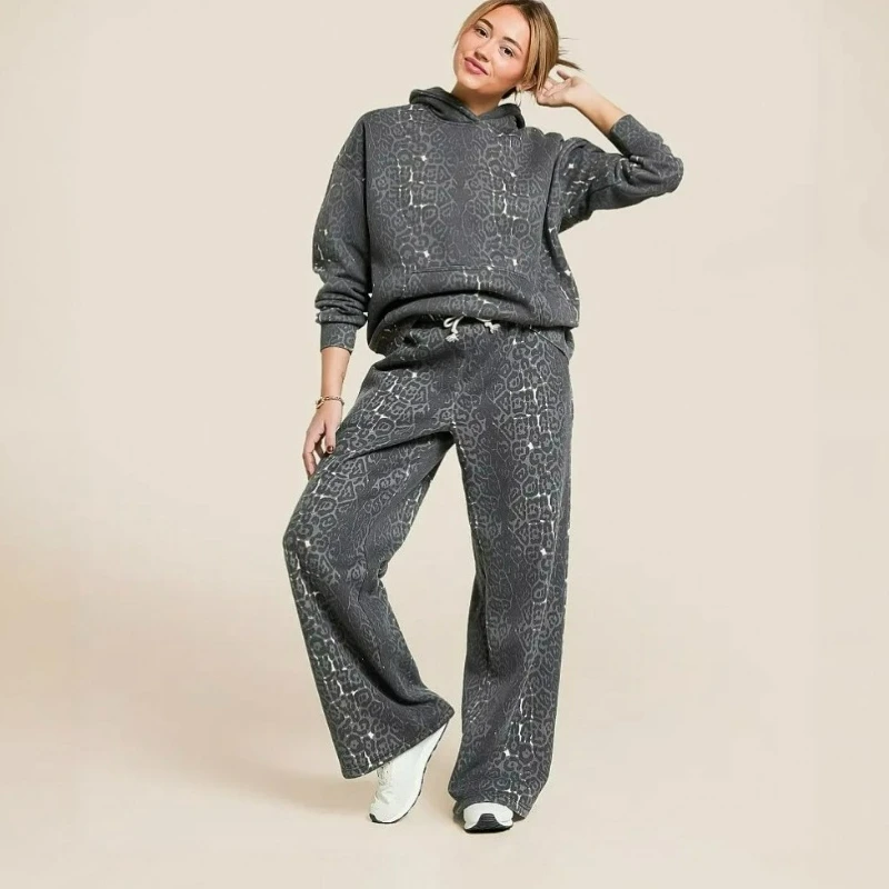 

2 Pcs Set Y2K Retro Sweatpants Pullover Washed Cheetah Hooded Sweatshirt Pants Suit Trendy Hip Hop Streetwear Unisex Baggy Set