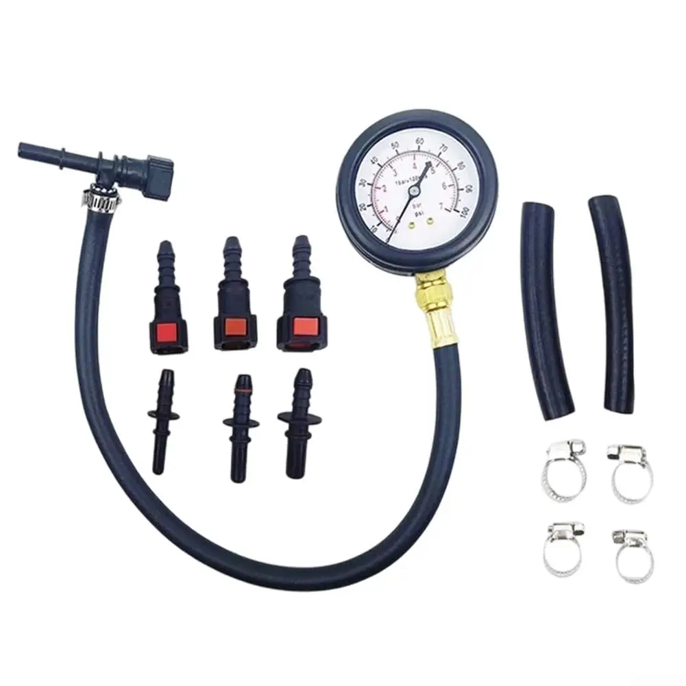 Car Motorcycle Fuel Pressure Tester Kit with Multiple Adapters 0-100PSI Gasoline Gauge for Automobile Truck Diagnostic Tool