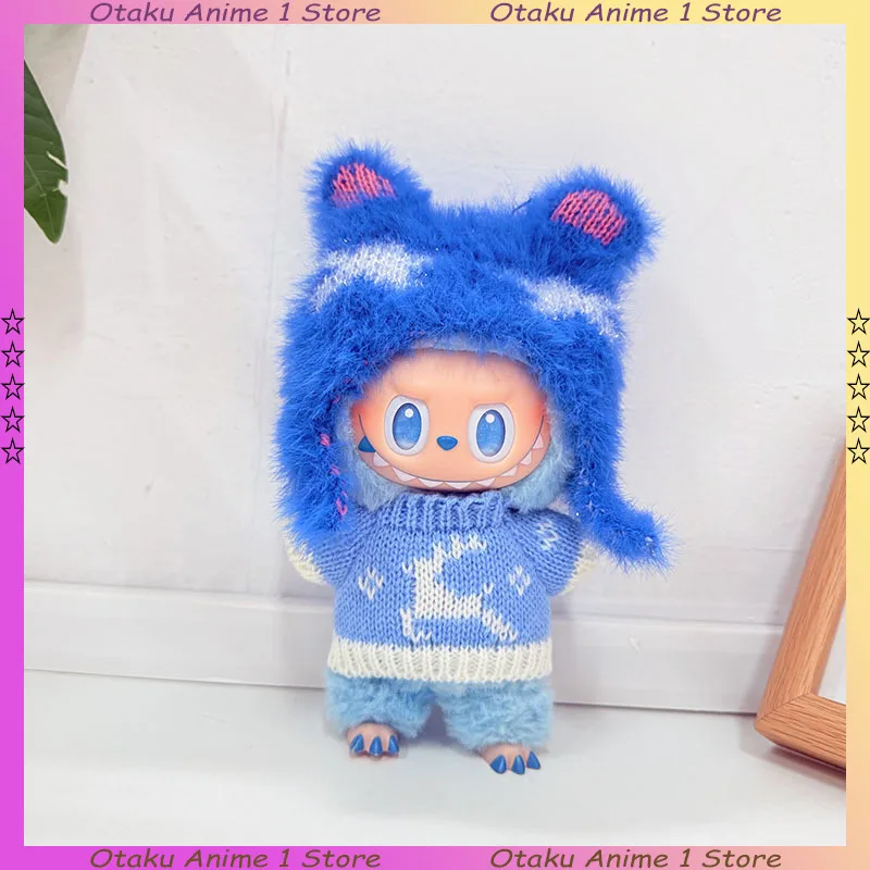 Voor Labubu Kleding Leuke Elanden Trui Bont Met Oor Afgedekte Konijn Hoed Set Mini Pluche Pop Kleding Mode Pop Accessoires Cadeau