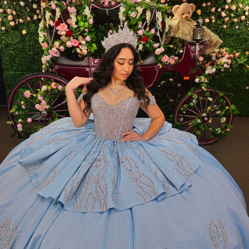 

Satin Blue Quinceanera Dress off-shoulder Glitter Crystal Layering Decal Long tail vestidos de 15 Quinceanera ﻿Customized