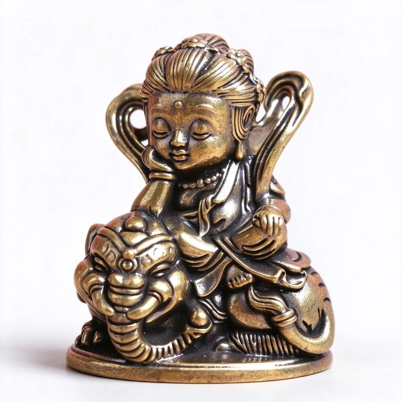 Vintage Brass Cute Samantabhadra Bodhisattva Figurine, Q Version Buddha Statue Riding Elephant, Mini Desktop Ornament,Craft Gift