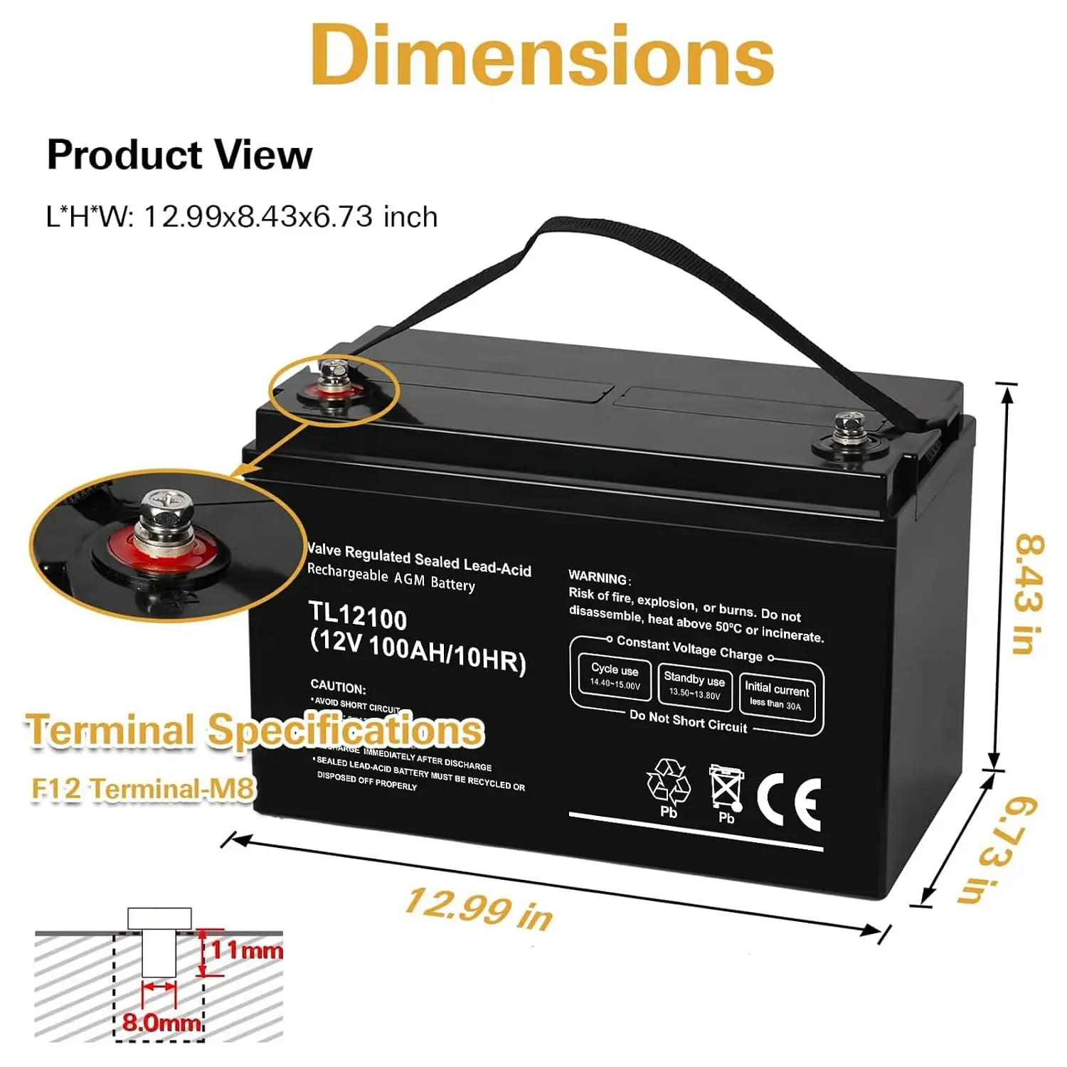 Deep Cycle AGM 12V 100Ah Battery, Maintenance-Free, 1150A Max Current, RV Solar Marine Trolling Motor Off-Grid, Customized