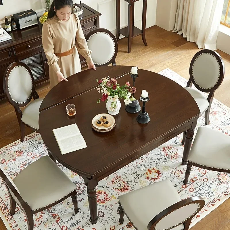 All solid wood dining table French light luxury, long round table and chair combination, all logs