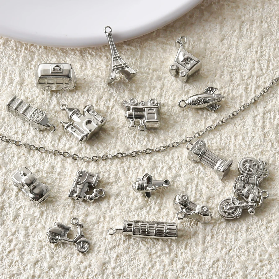 5Pcs Stainless Steel Car Motorcycle Train Vehicle Charms Pendant Big Ben/Eiffel Tower/Roman Pillar Ancient Pendant DIY Jewelry