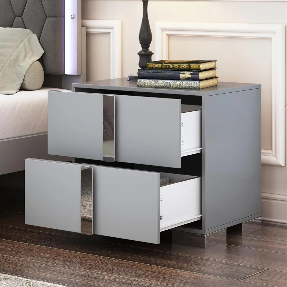 Night Stand with 2 Drawers, Mirrored Nightstand Wood Metal Handle Bedside End Table for Bedroom, Dorm, Grey