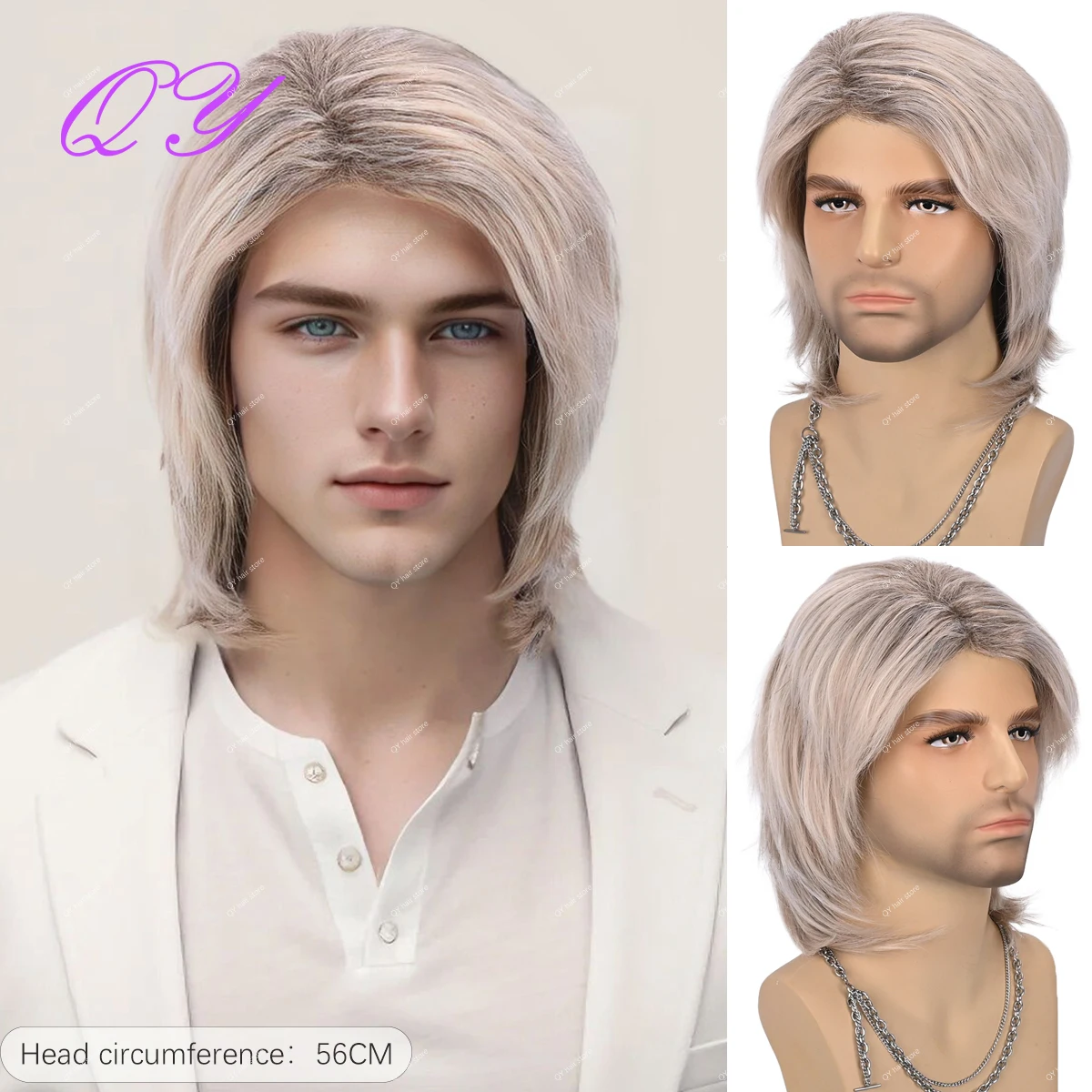 QY Long Layered Gradient Gold Wig Classic Full Top Synthetic Men's Wig Hair Fluffy Multiple Styles