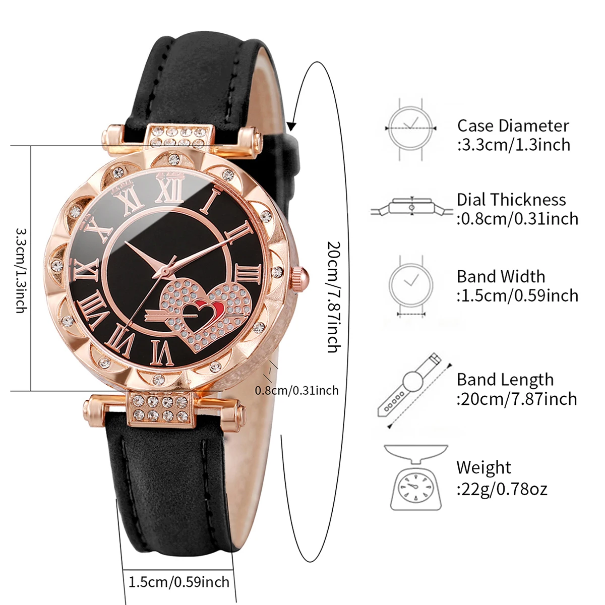 Montre à quartz en forme de cœur avec bracelet en cuir pour femme, ensemble de 2 pièces