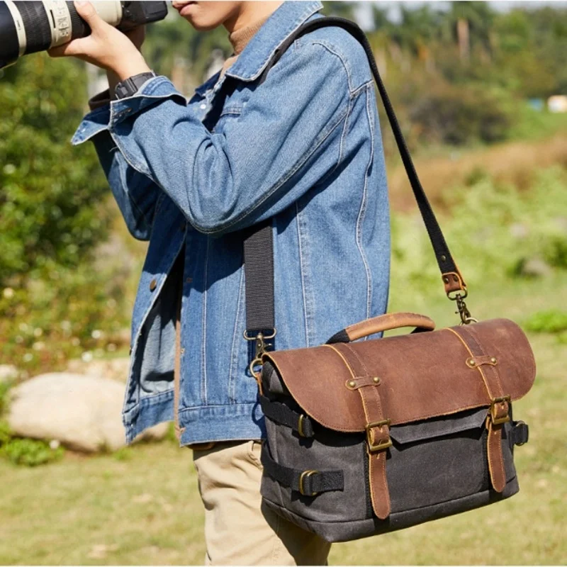 canvas camera sling bag Waterproof Crossbody Camera bag with laptop compartment DSLR/SLR/mirrorless camera Shoulder Bag