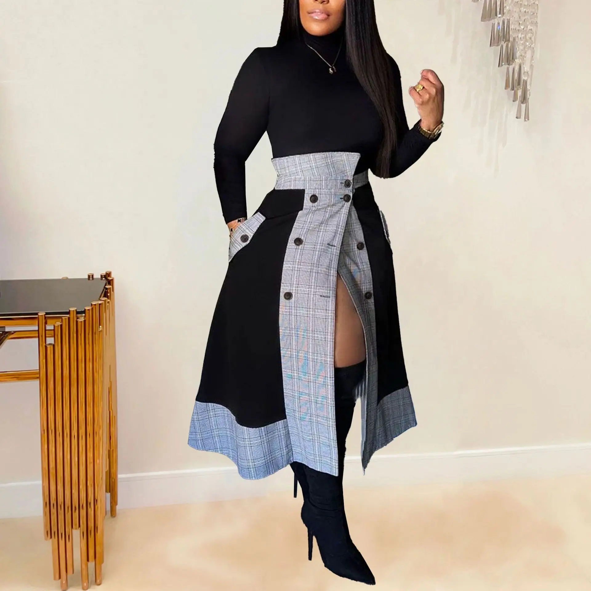 

Office Lady Two Piece Skirt Set Plaid Printed Elegant Long Sleeve Top Button Split Long Skirt 2 Pieces Set Elegant Clothin 2023