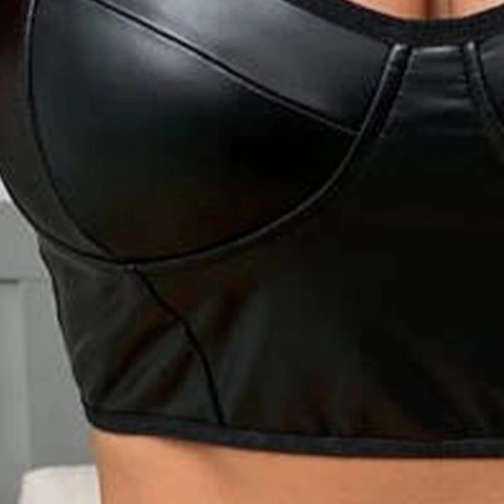 Top Women Sexy Lady Solid Black Wet Look Leather Bra Strap Deep V-neck Clubwear Crop Tops Tees For Woman Female Clothing