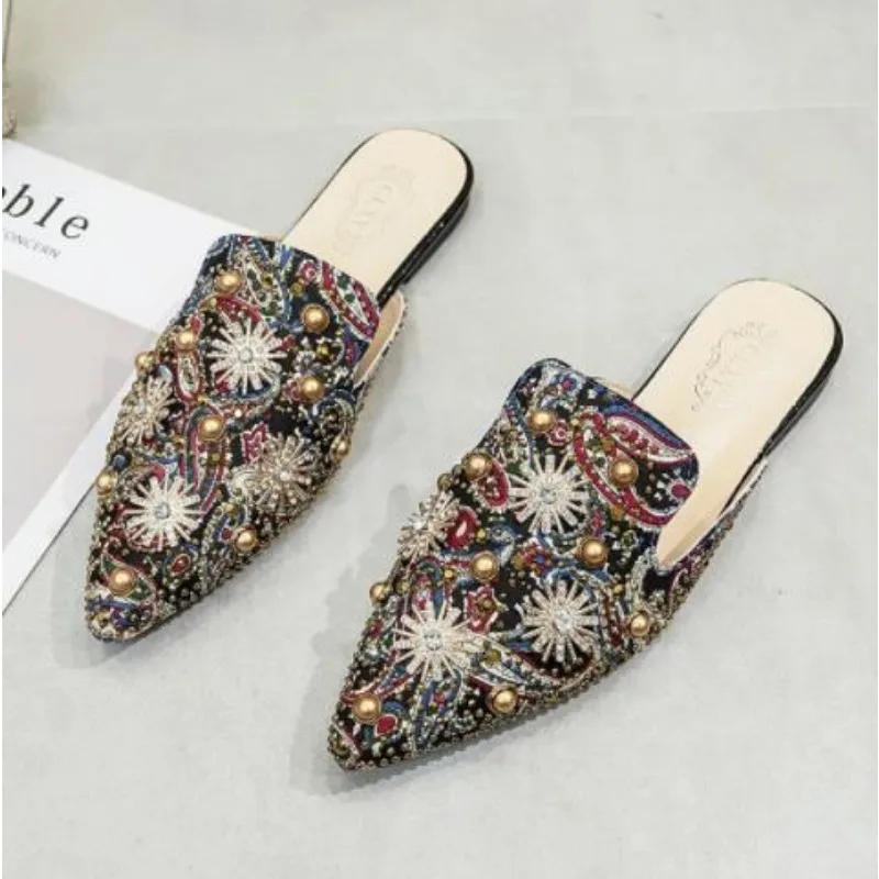 Baotou Half Drag Summer New Embroidery Flower Pointed Rhinestone Slippers for Women Anti-slip Wear-resistant Flat Shoes