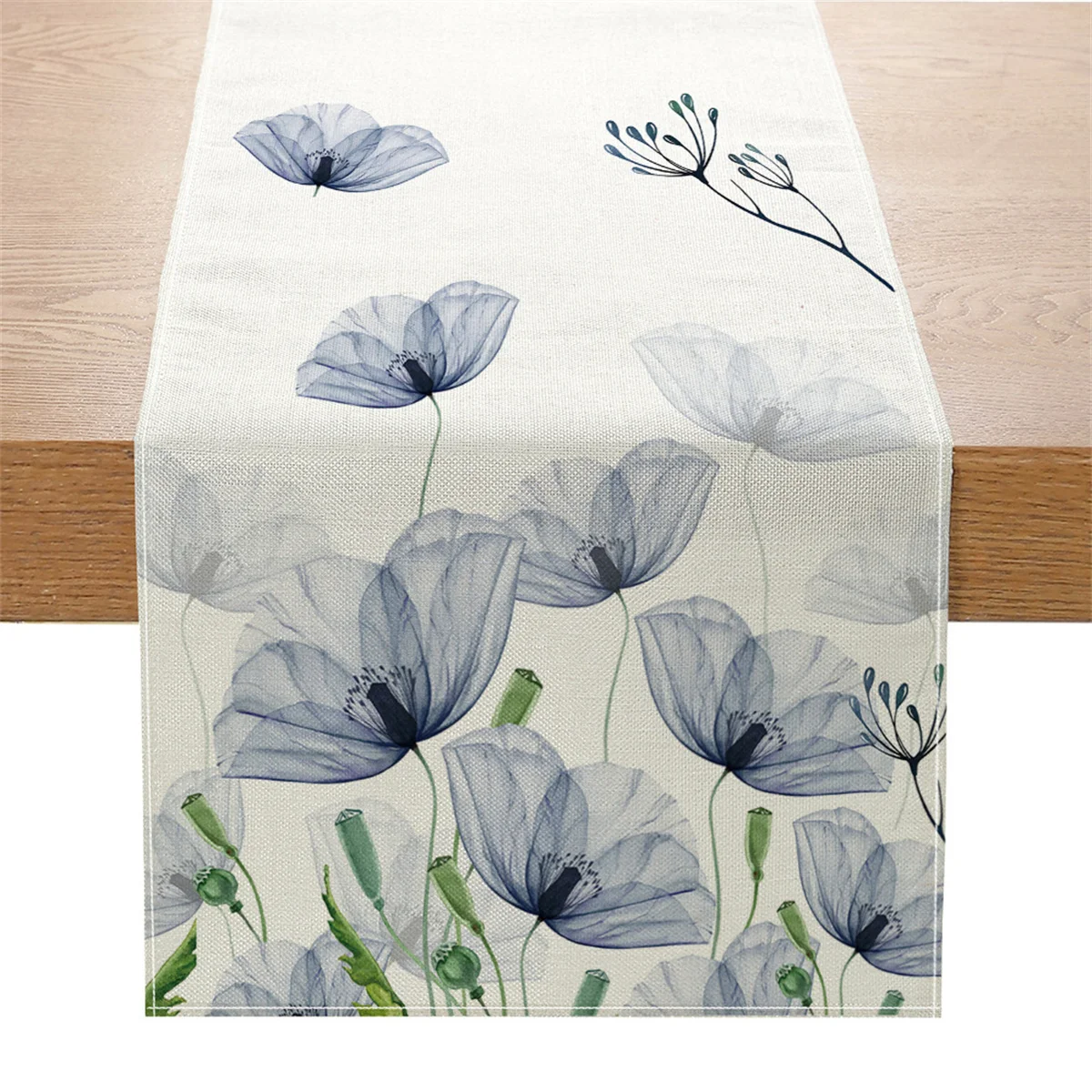 Watercolor Blue Poppy Table Runner, Translucent Floral Decor for Spring, Summer, Kitchen & Dining Room Table Settings