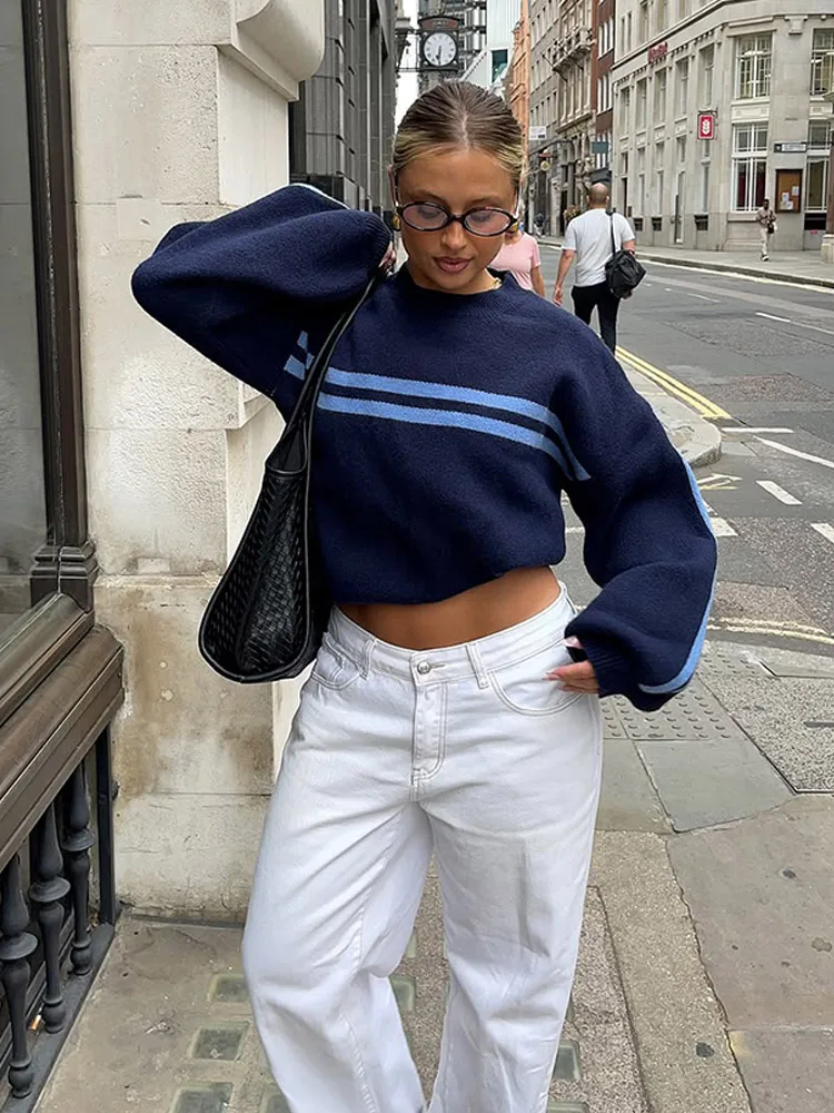 Navy Blue Striped Crop Top Women's Sweater Knit Pullover Retro Pattern Loose Pullover 2025 Autumn Holiday Street Fashion Wear