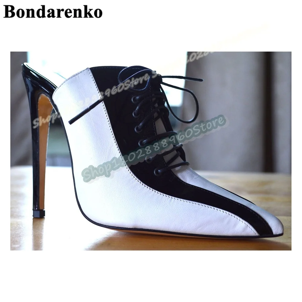 

Black And White Cross Tied Pointy Half Slippers Thin High Heel Shoes For Women Slip On Pointed Toe Casual Zapatos Para Mujere