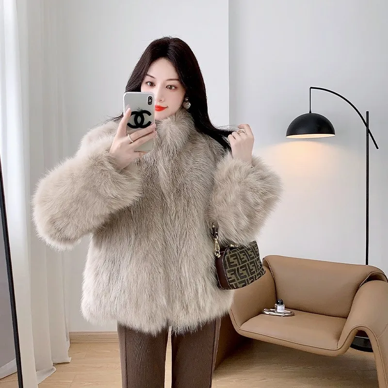 pele e casaco feminino curto gola alta espessada leve