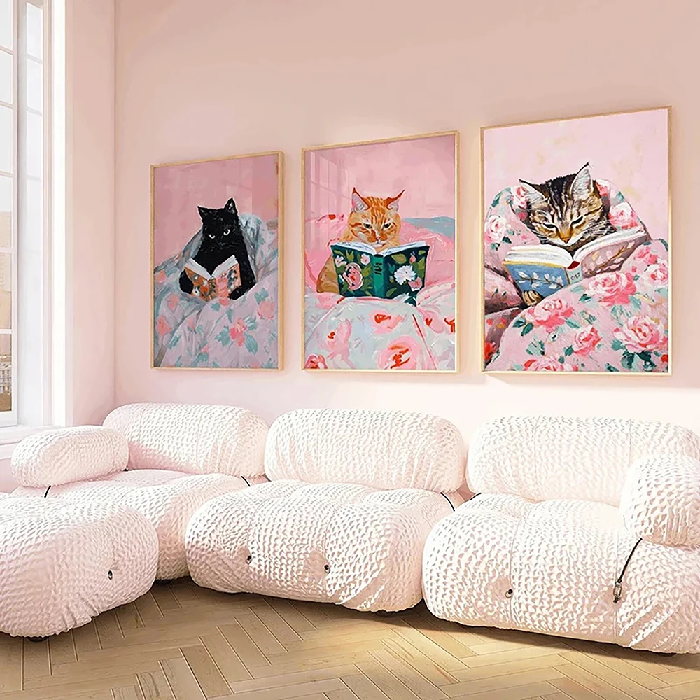 

Funny Tabby Cat Reading Books Art Poster Vintage Cute Animals Wall Canvas Painting Book Lover Pet Gift Decoration Pictures Print
