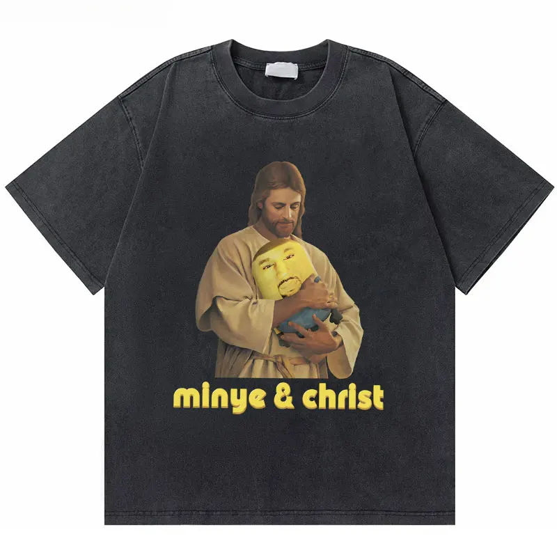 Washed Vintage Cartoon Kanye West Jesus Christ Hug Minye Funny Meme T-Shirt Men Women Hip Hop Casual Cotton Oversized T Shirt