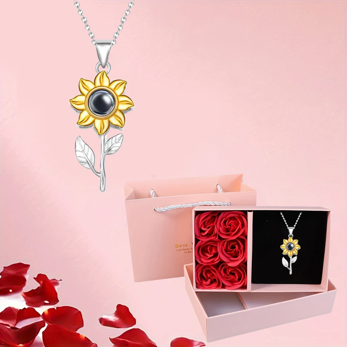 100 Languages I Love You Heart Pendant Sunflower Necklace With 6 Roses Luxury Gift Box For Women 2024 Fashion Romantic Jewelry